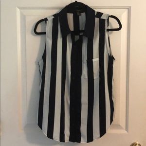 Navy blue and white striped button down blouse